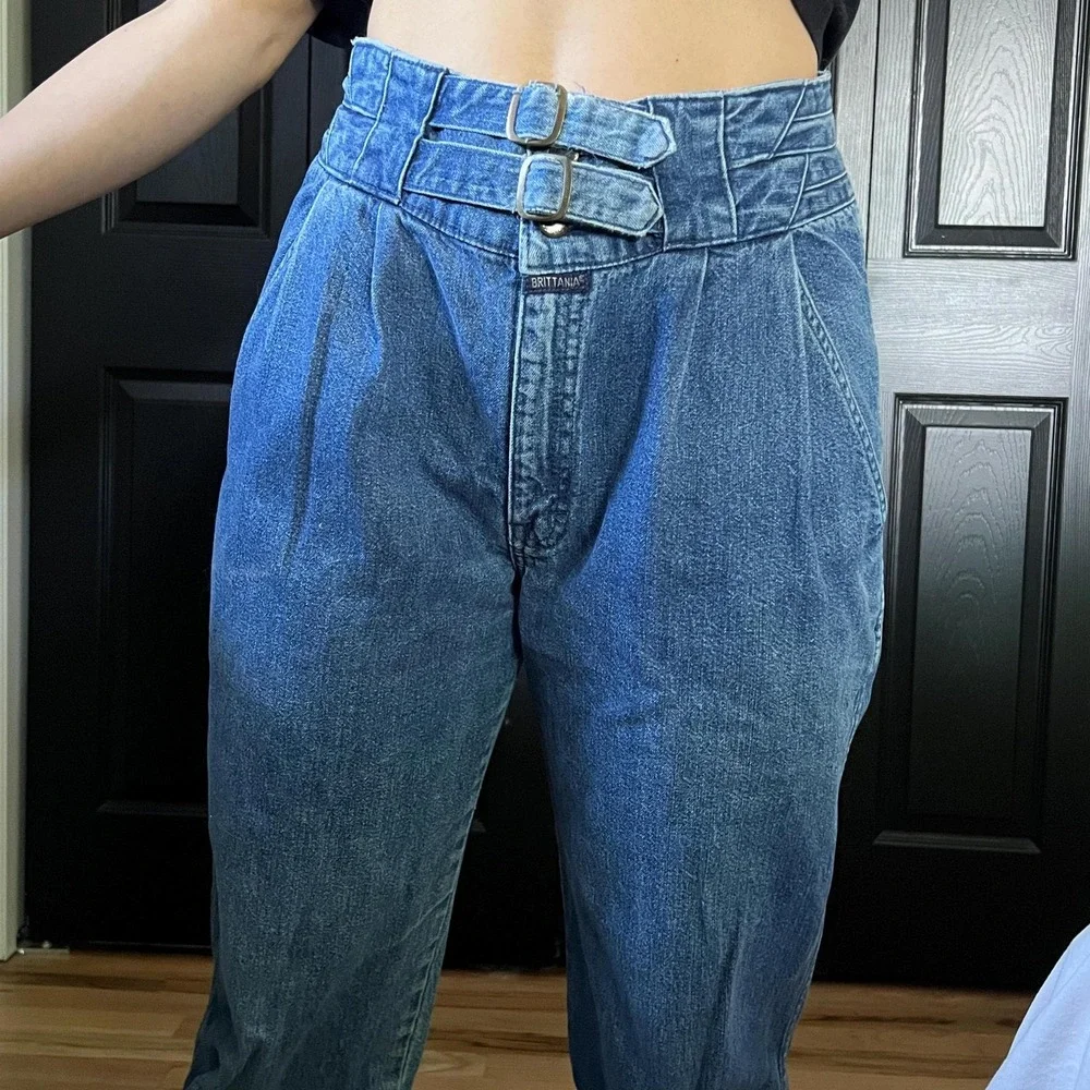 vtg‎ 80s Brittania dark denim mom jeans front double buckle size 11 tapered